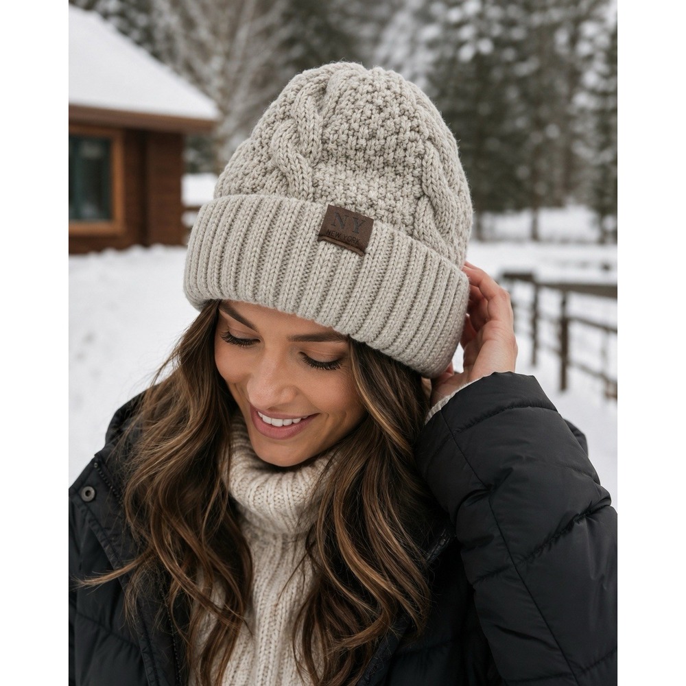 NY New York Cable Knit Beanie Gray Plush Fleece Lined Cuffed Winter Hat